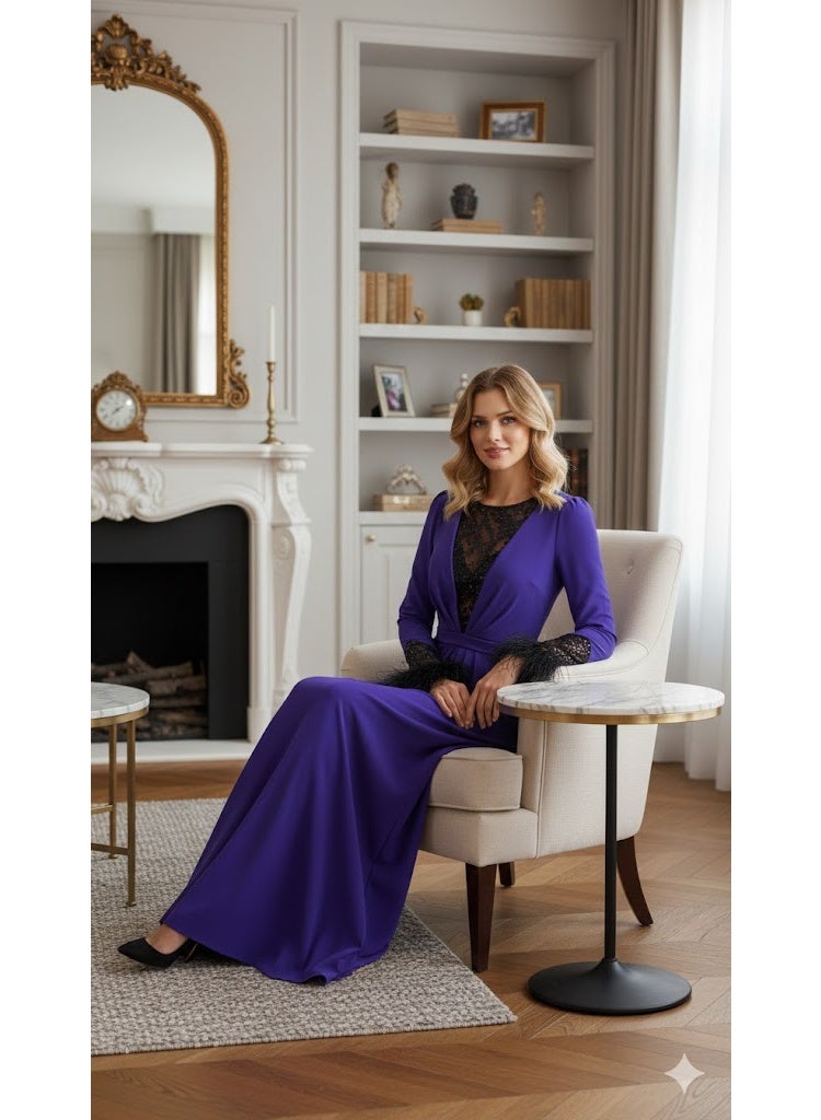 FULL JOY Elegant Maxi  Evening Dress  with Embroidered Black Lace With Long sleeves; Fashion and Modern Dress. - Image 3